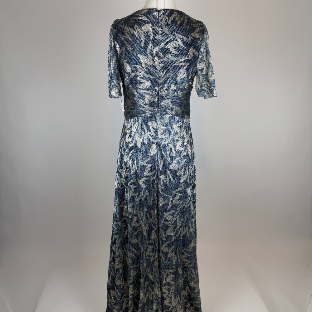 NWT R&M Richards Blue Gold Leaf Metallic Pleated Flutter Sleeve Dress Gown Sz 6 - Picture 9 of 14